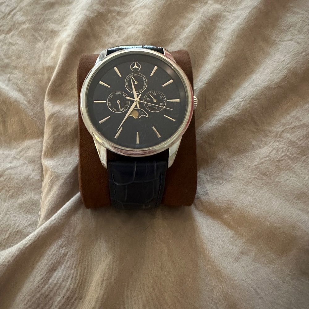 Mercedes Benz Navy and Silver Watch with Leather Strap